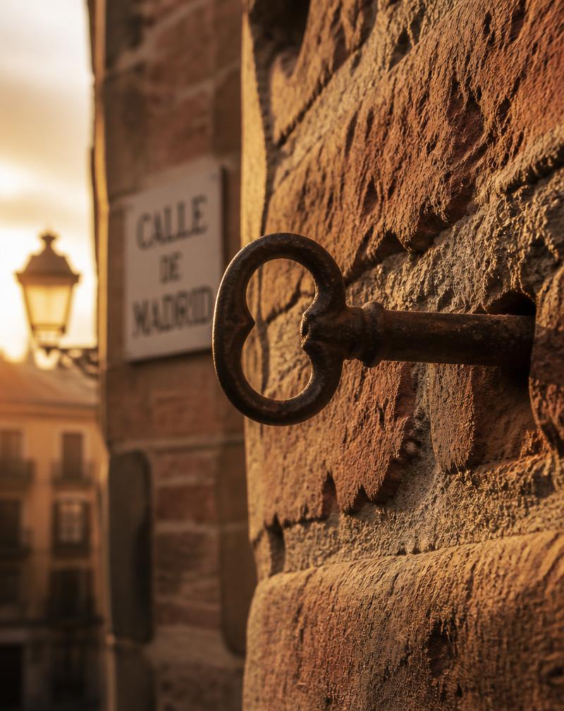 An old rusted key embedded in a brick wall in Madrid